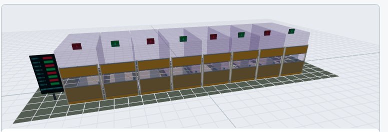 3D-схема мойки самообслуживания на 8 постов: светофоры над постами и групповое табло у въезда
